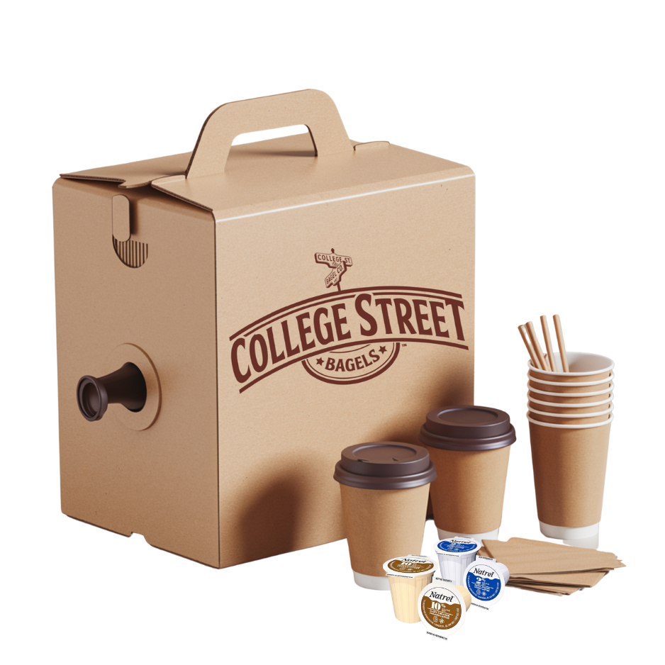 A catering box from College Street Bagels containing coffee and tea beverages with accessories like cups, stir sticks, and sugar packets.