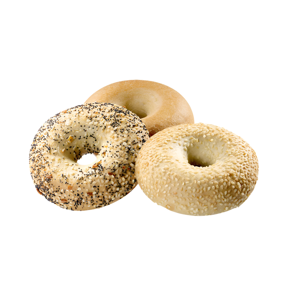Three mini bagels with different toppings, including sesame seeds and poppy seeds, displayed on a white background.